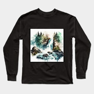 Green and Blue Watercolor Waterfall Long Sleeve T-Shirt